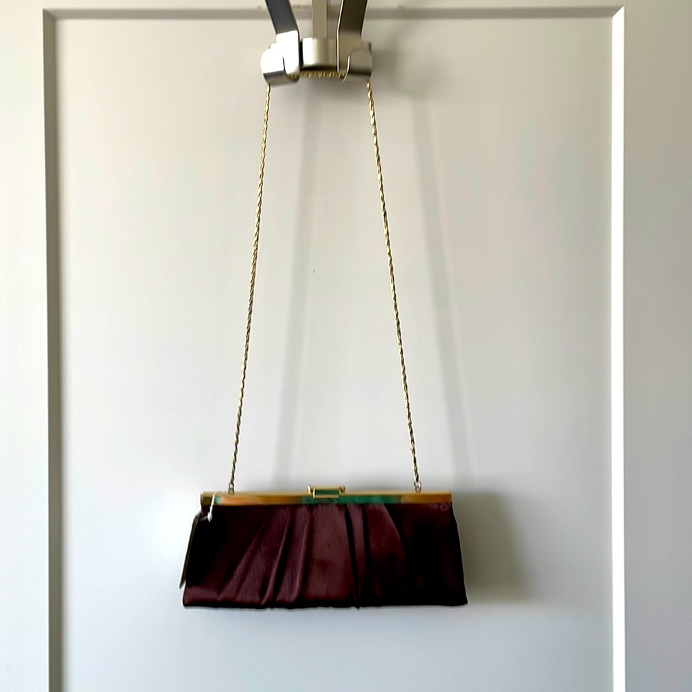 Jessica McClintock brown satin clutch with gold chain